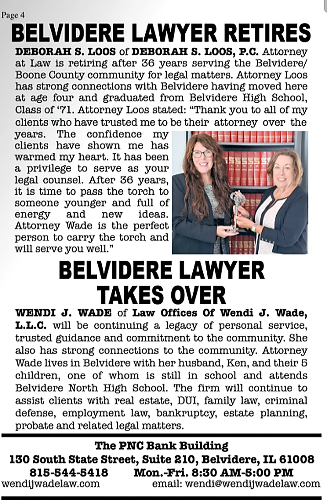 Belvidere Lawyer Takes Over announcement featuring Attorney Wendi J. Wade and Deborah S. Loos P.C.